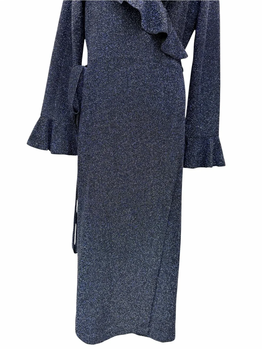 Free People Metallic Wrap Maxi Dress Navy Blue Ruffle Bell Sleeve Large - Picture 4 of 14